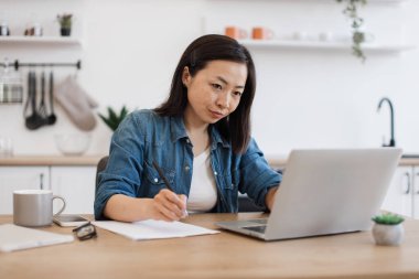 Modern laptop, kahve, bardak ve akıllı telefon ile ahşap masada otururken, Asyalı esmer, kağıt notlara bilgi yazıyor. Ev ofisi kavramı, online çalışma ve aletler.