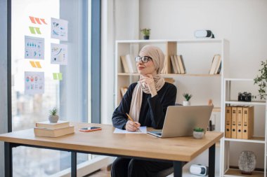 Çalışma saatleri boyunca ofis masasında hayal kurarken uzaktan bakan tesettürlü çekici Arap bayan. Dijital aygıt kullanılarak yıllık kurumsal etkinlik fikirlerini not alan dikkatli yönetici.