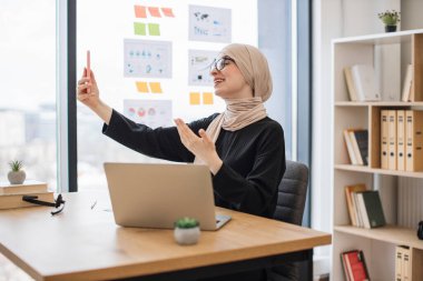 Müslüman eşarplı gülümseyen iş kadını kapalı mekânlarda yazı masasında cep telefonuyla online toplantıya katılıyor. İş saatlerinde sanal tartışmalara katkıda bulunan yetkili genel asistan.