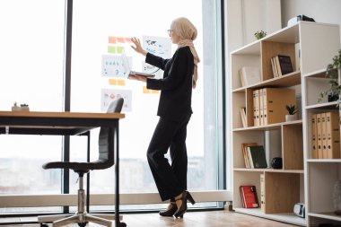 Cam yüzeydeki çizelgelerde gösterilen istatistikleri incelerken şık müslüman bayanın dizüstü bilgisayarının tam boy görüntüsü. Ofiste brifing vermeden önce başörtüsü takmış kendine güvenen bir iş kadını görsel çalışmalar yapıyor..