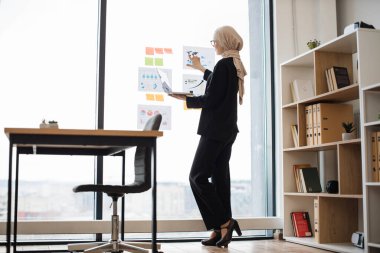 Tablolara işaret eden tesettürlü bir Arap kadın, panoramik manzaralı bir bilgisayarın yanında duruyor. Gözlüklü profesyonel girişimci İnternet kaynaklarını kullanarak pazar geliştirme oranını kontrol ediyor.