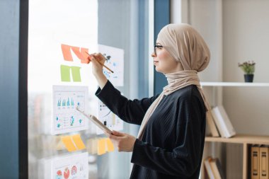 Pencere camına yapıştırılmış çıkartmalar üzerine kısa notlar yazan Arap ofis yöneticisinin yan görüntüsü. Türbanda stil sahibi girişimci muhasebe kayıtlarını bilgi grafikleri yoluyla analiz eder.