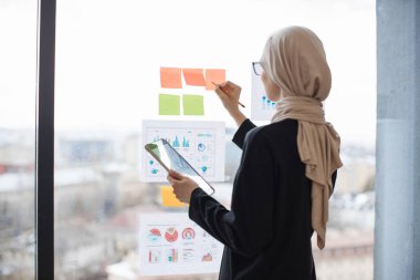 Pencere camına yapıştırılmış çıkartmalar üzerine kısa notlar yazan Arap ofis yöneticisinin yan görüntüsü. Türbanda stil sahibi girişimci muhasebe kayıtlarını bilgi grafikleri yoluyla analiz eder.