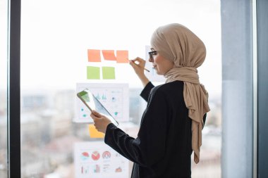 Pencere camına yapıştırılmış çıkartmalar üzerine kısa notlar yazan Arap ofis yöneticisinin yan görüntüsü. Türbanda stil sahibi girişimci muhasebe kayıtlarını bilgi grafikleri yoluyla analiz eder.