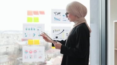 Müslüman iş kadını tablete bakarken, camdaki kağıt çıkartmalarla ilgili bilgileri not alıyor. Sunum için pazarlama raporunu gözden geçirmede etkili bir mali yönetici.