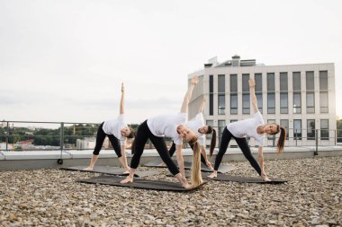 Yoga sınıfının dışında kalçalarını bükerken kollarını havaya kaldıran beyaz kadınların tam boy görüntüsü. Aktif giyimde narin dişiler endişeleri ve işlenmemiş duyguları açığa çıkarıyor..