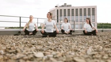 Aktif giyimli dört yetişkinin, yoga dersinde elleri havada oturarak esnediği düşük açılı görüntüsü. Rahatlamış genç kadınlar dışarıda spor yaparak sağlıklı bir yaşam tarzını teşvik ediyorlar..