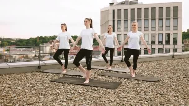 Volledig Uitzicht Mooie Dames Activewear Balancing Tree Pose Panoramisch Terras — Stockvideo