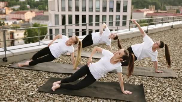 Belle Giovani Donne Abiti Sportivi Raggiungendo Side Plank Pose Sessione — Video Stock