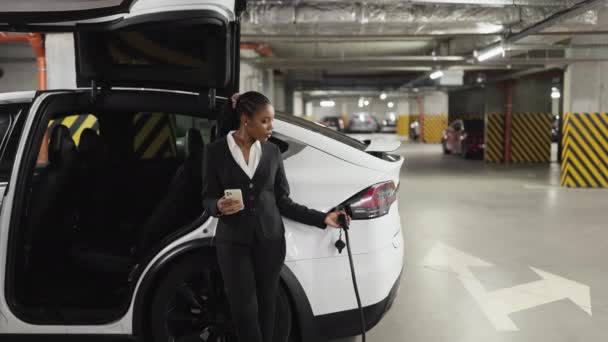 세션에서 자동차의 열려있는 스마트 서있는 공식적인 여성의 초상화 직장에서 가능한 — 비디오