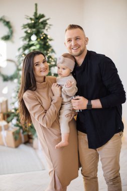 Kafkasyalı evli çift, sevimli küçük kızlarıyla rahat oturma odasındaki parlak Noel ağacının yanında oynuyorlar. Beyaz geyik oyuncağı veren bir adam bebeğini kucağında tutan çekici bir kadın..