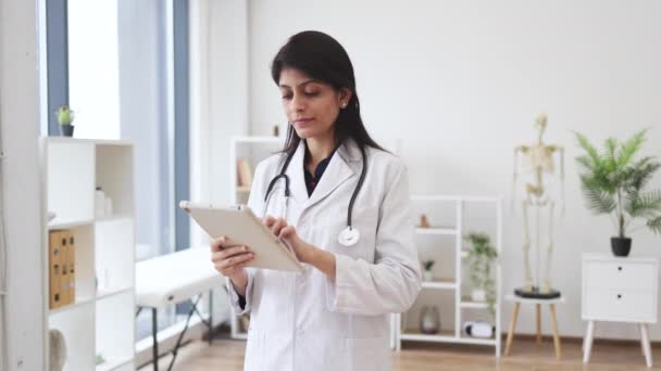 Portrait Friendly Female Physician Lab Coat Holding Digital Tablet Looking — Stock Video