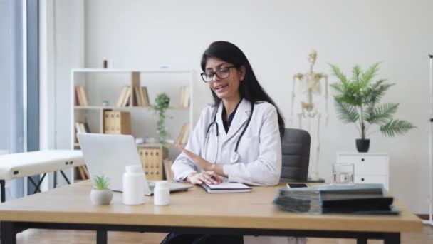 Focused Female Doctor Stethoscope Having Video Conference Modern Laptop Attractive — Stock Video