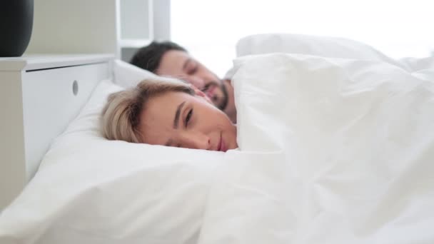 Pretty Caucasian Blond Woman Leaning Soft Pillow Already Awake While — Stock Video