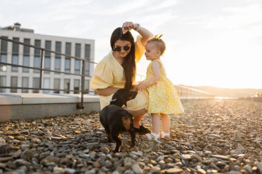 Çekici beyaz kadın, açık terasta küçük bir çocuk ve dachshund köpeğinin yanında çömeliyor. Küçük oynak kız annesine sokulurken bir kadın evcil hayvana kıyak yapıyor..