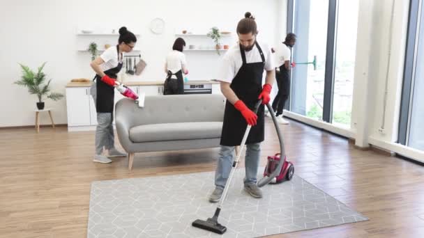 Team Professional People Cleaning Service Cleans Sofa Carpet Cuisine Table — Stock Video