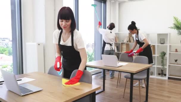 白种人年轻女人拿着海绵的画像 在办公室里用洗涤剂擦拭桌子 看着相机 身穿围裙和红色手套的多文化小组清洁架子 办公室地板 — 图库视频影像