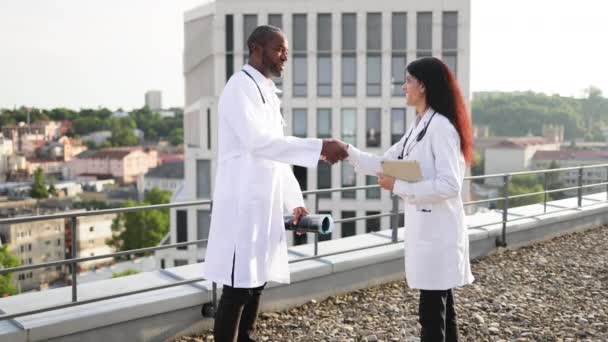Group Diverse Doctors White Medical Coats Meeting Break Outdoors Rooftop — Stock Video