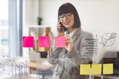 İşteki sunuma hazırlanan kadın yönetici. Gözlüklü beyaz kadın akıllı telefondan konuşuyor ve ofis toplantısından önce cam duvardaki finansal grafiğe bakıyor..