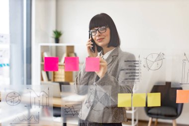 İşteki sunuma hazırlanan kadın yönetici. Gözlüklü beyaz kadın akıllı telefondan konuşuyor ve ofis toplantısından önce cam duvardaki finansal grafiğe bakıyor..