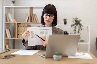 Kablosuz bilgisayarla çevrimiçi konferansta finansal veri planını analiz eden Kafkas uzmanı. Resmi olarak kendine güveni tam bir kadın. Havalandırma ofisindeki bilgisayar kamerasının önünde elinde bilgi olan bir kağıt tutuyor..