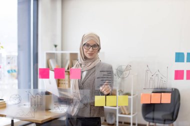 Cam tahtanın önünde duran ve kameraya gülümseyen müslüman genç bir kadının portresi. Şirkette dijital dizüstü bilgisayar kullanan tesettür ve şık takım elbiseli kadın ofis çalışanı..
