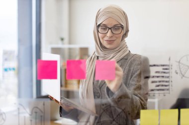 Başörtülü Arap kadın dijital dizüstü bilgisayarını tutuyor ve ofis toplantısından önce cam duvardaki finansal grafiklere bakıyor. İşteki sunum için hazırlanan kadın yönetici.