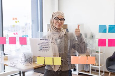 Başparmak gösteren dijital dizüstü bilgisayar kullanan tesettür ve şık takım elbiseli bir kadın ofis çalışanı. Cam tahtanın önünde duran ve kameraya gülümseyen güzel Müslüman kadının portresi..