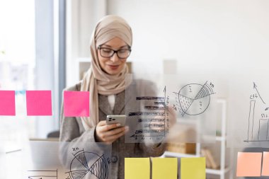 Modern ofisteki cam panodaki çizelgelerin büyümesini analiz ederken telefonda konuşan dalgın bir Arap iş kadını. İş stratejisi ve dijital pazarlama kavramı.