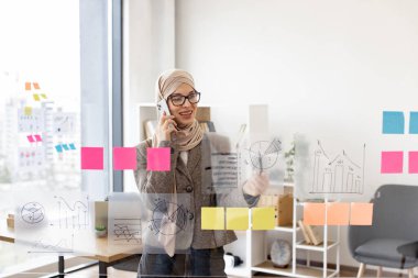 İşteki sunuma hazırlanan kadın yönetici. Başörtülü Müslüman kadın akıllı telefondan konuşuyor ve ofis toplantısından önce cam duvardaki finansal grafiğe bakıyor..