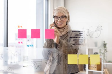 Akıllı telefondan konuşan ve ofis toplantısından önce cam duvardaki finansal grafiklere bakan tesettürlü Müslüman kadın. İşteki sunum için hazırlanan kadın yönetici.