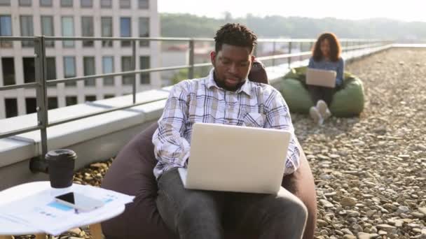 Attractive African American Male Freelancer Using Portable Computer Remote Work — Stock Video