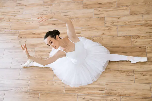 Top view of professional caucasian ballerina in white tutu and pointe stretching while raising hands over her head on wooden floor of studio hall. Copyspace.