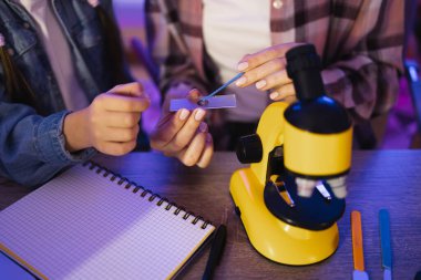 Gündelik giysiler içinde genç bir bayanın elleri masada kızla otururken ve mikroskop kullanarak fen eğitimi alırken. Anne ve kızı evde mikroskop yanında bitki hücresiyle slayt tutuyor..