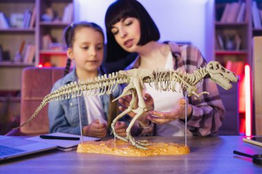 Masada birlikte oturan iki dişi akşam vakti evde kemiklerden Tyrannosaurus 'un modelini yapıyorlar. Kafkas anne ve kızı fosil hayvanlar üzerinde çalışıyorlar dinozor iskeletini inceliyorlar.
