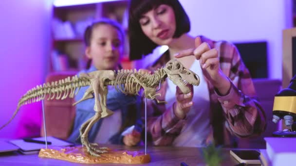 Madre Caucásica Hija Que Estudian Animales Fósiles Examinan Esqueleto Del — Vídeo de stock