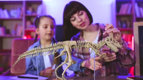 Две Самки Сидят Вместе Столом Делают Модель Тираннозавра Костей Вечернее — стоковое видео