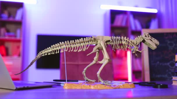 生物学自然教育コンセプト 物資の品揃え 恐竜の骨格 暗い紫色の光で快適な家の夜の背景に顕微鏡 ミニマリストスクールやオフィスワークスペース — ストック動画