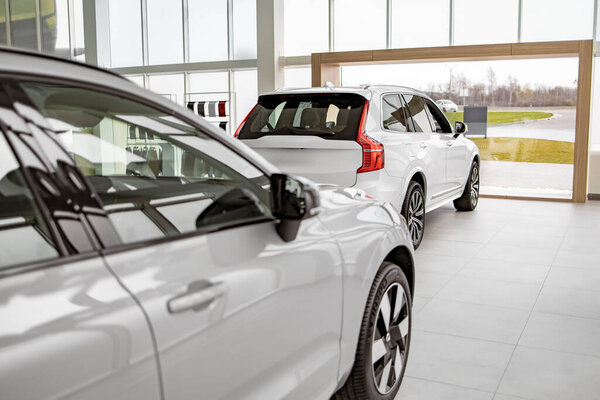Cars for sale, copy space. Automotive Industry. Cars dealership parking lot. Image of new vehicles in car showroom.