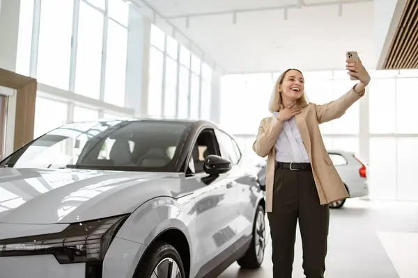 Successful Businesswoman Taking Selfie Using Smartphone Car Service Happy Smiling Stock Image