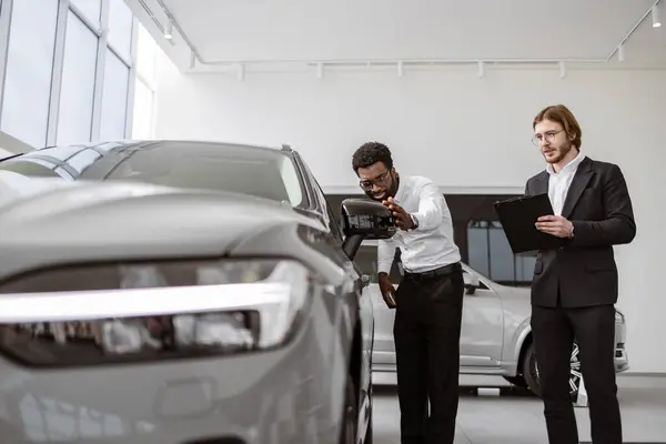 Confident Male Customer Vehicle Showroom Buying Transport Auto Dealer Business Stock Photo