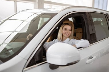 Sakin bir kadın, şoför, müşteri, müşteri, gömlekli bir müşteri direksiyonda el ele tutuşan bir müşteri araba galerisinde araba galerisinde araba galerisi galerisinde yeni bir otomobil almak isteyen bir araba seçer. Satış konsepti