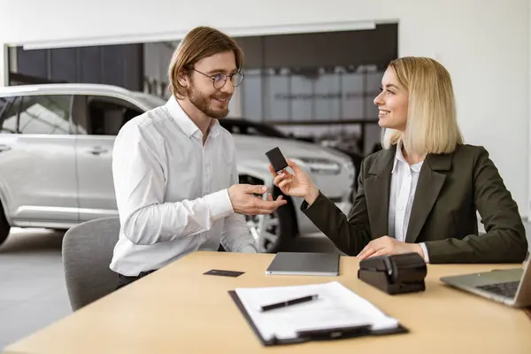 Happy Caucasian Young Man Sitting Table Receives Keys Suv Car Stock Image