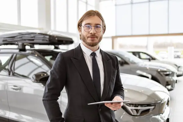 Young Successful Manager Background Rows New Car Dealership Crossovers Portrait Stock Image