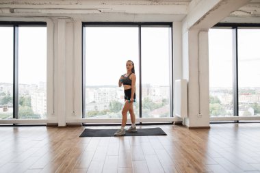 Formda genç bir kadın, geniş pencereli ve şehre tepeden bakan modern bir spor salonunda yoğun bir çalışma sırasında ara verir. Spor kadını yoga minderinin üzerinde duruyor, sağlık ve spor yapmaya bağlılığını gösteriyor..