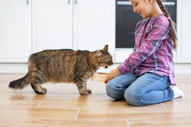 Küçük beyaz kız mutfak zemininde otururken kediyi kaseden besliyor. Sahne, evcil hayvanla çocuk arasındaki hassas anı yakalıyor, evde arkadaşlığı ve ilgiyi vurguluyor.