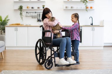 Tekerlekli sandalyedeki anne modern mutfakta kız ve kediyle kaliteli zaman geçiriyor. Kız, annesinin kediyi tutmasına yardım ediyor. Aile bağı, bakım ve destek.
