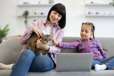 Anne ve kızı rahat koltukta dizüstü bilgisayar kullanırken kediyle kaliteli zaman geçiriyorlar. Sıcak ve dostane atmosferi olan kapalı bir ortam. Aile bağı, rahatlama ve evcil hayvan arkadaşlığı kavramı.