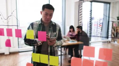 Modern ofis ortamında akıllı telefon kullanan genç bir profesyonel beyin fırtınası yapıyor ve arka planda çalışan iki meslektaşı var. Cam duvar, yapışkan notlar ve grafikler çalışma alanını yansıtıyor.