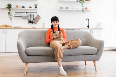 Kafkasyalı genç bir kadın akıllı telefon kullanıyor. Parlak oturma odasındaki gri koltukta rahatça oturuyor. Rahat dekorlu rahat bir ortam..